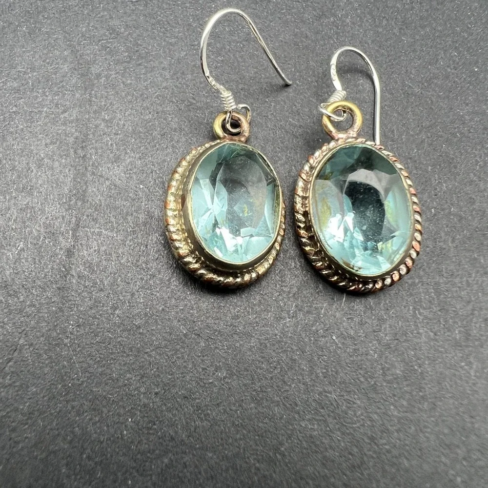 Womens Dangle Earrings Blue‎ Faceted Glass Mixed Metal Vintage Boho Artisanal